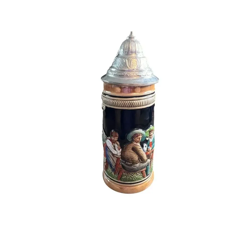 Vintage W Germany Lidded Beer Stein Ceramic Relief Alpine Village Scene Hunter - Picture 9 of 9